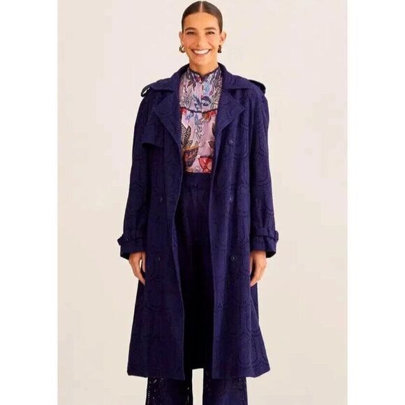 New FARM Rio Navy Blue Pineapple cotton eyelet trench coat size Medium - Picture 1 of 10